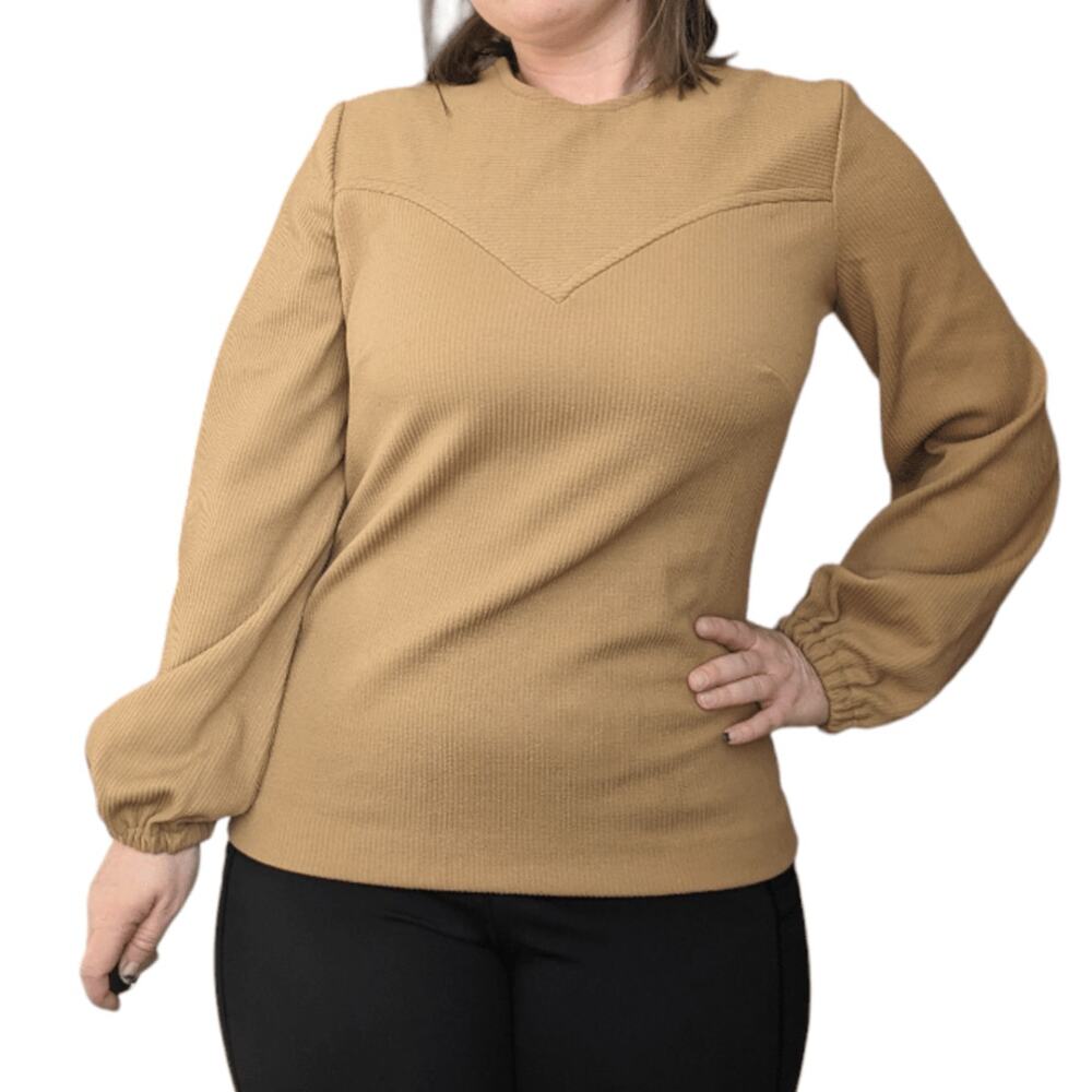 Vintage 70s Fenton Puff Sleeve Blouse High Neck Tan Brown Back Zip Single Stitch